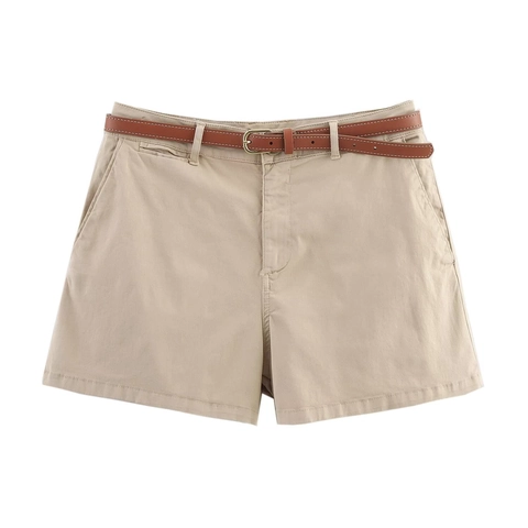 Women Casual Shorts High Waist Solid Color Polyester Bottoms With Faux Leather Belt Fashion Pockets For Ladies