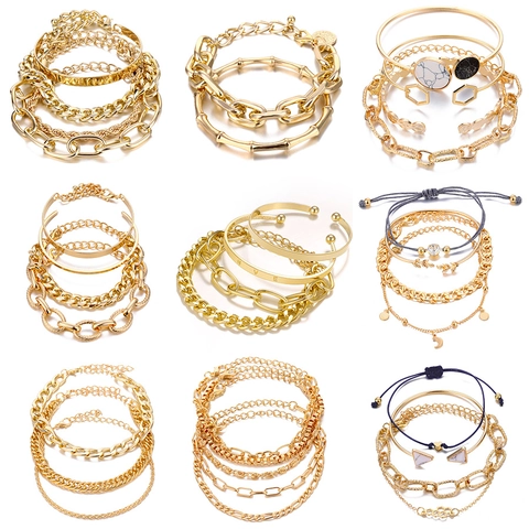 Trendy Multi Layer Bracelet Bangle Alloy Metal Chain Link Heart Butterfly Pendant Adjustable Jewelry Women Boho Style Punk