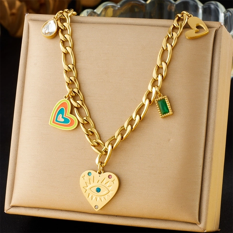 316L Stainless Steel Gold Plated Multi Charm Necklace Women Fashion Enamel Heart Evil Eye Water Drop Square Pendants