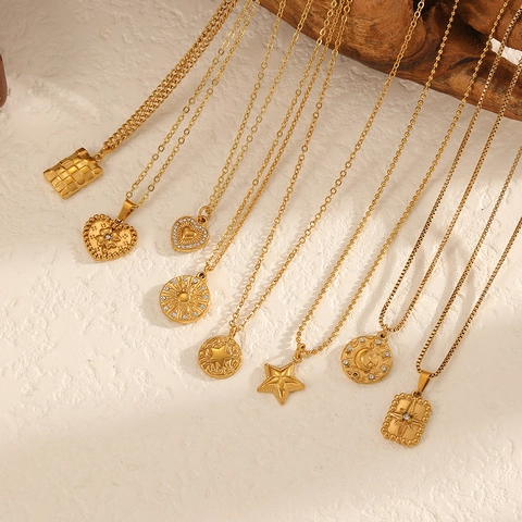 304 Edelstahl Halskette Vergoldet Zirkonia Stern Mond Herz Sonne Oktogramm Anhänger Damen Schmuck