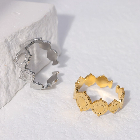 Anillo De Acero Inoxidable Chapado En Oro De 18K Patrón De Sol Ajustable Abierto Vintage Boho Joyería Para Mujeres