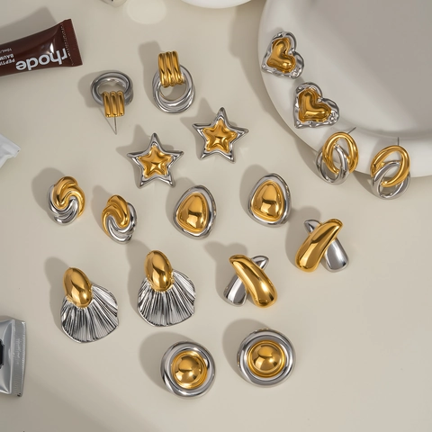 Luxury Two Tone Gold Silver Stainless Steel Stud Earrings Geometric Heart Star PVD Plated Waterproof Jewelry For Women