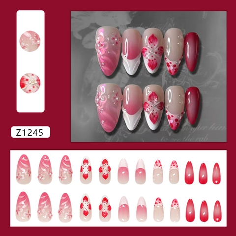 Magenta Gradiënt Franse Kunstnagels Met 3D Reliëf Bloem Parel Accenten Amandelvorm Kunstnagels Manicure Kit