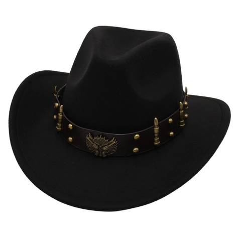 Cappello Da Cowboy Occidentale Vintage Feltro Fedora A Tesa Larga Con Fascia In Pelle Rivetti A Proiettile Distintivo Dell'Aquila