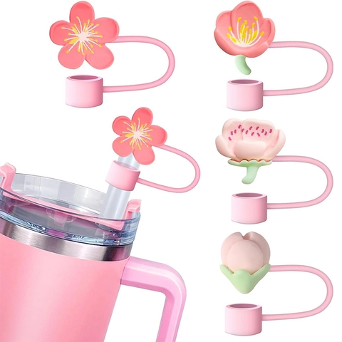 Silicone Straw Cover Caps Dustproof Reusable Pink Cherry Blossom Peach Flower Shape Drinking Accessory
