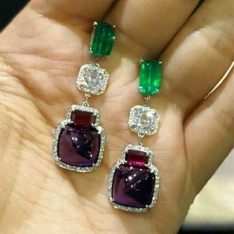 Orecchini A Goccia In Zirconia Colorata Di Lusso Smeraldo Viola Geometrico Retro Rame Pendenti Per Donne