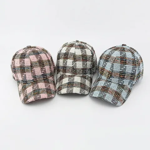 Plaid Tweed Baseball Cap Women Vintage Chic Hard Top Curved Brim Adjustable Outdoor Sun Protection Duck Tongue Hat