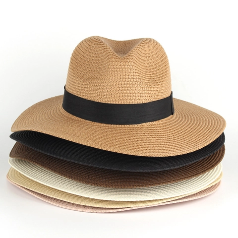 Cappello Fedora Panama in Paglia Intrecciata Unisex Estivo Tesa Larga Protezione Solare Anti-UV Cappello da Spiaggia Con Nastro Nero