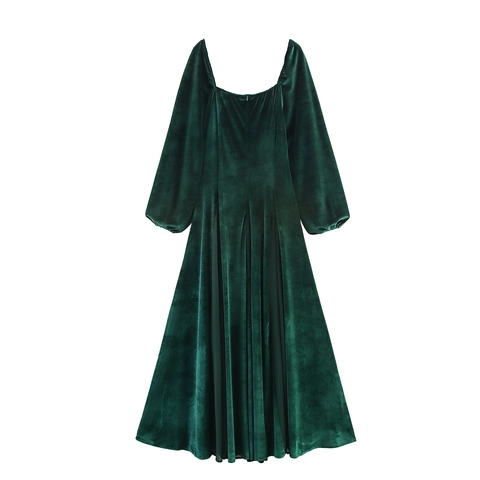 Elegant Square Neck Velvet Maxi Dress Long Lantern Sleeve Vintage Dark Green High Waist A-Line Swing For Women