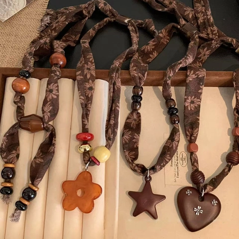 Collana Etnica Retrò Con Perline In Legno E Cordino In Cotone Lino Ciondolo A Stella Cuore Regolabile Per Donna
