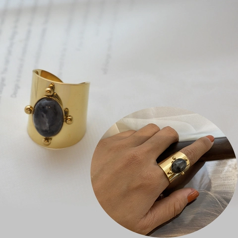 Vintage Gold Plated Stainless Steel Wide Band Ring For Women Oval Natural Stone Inlaid Bohemian Fashion Jewelry Gift