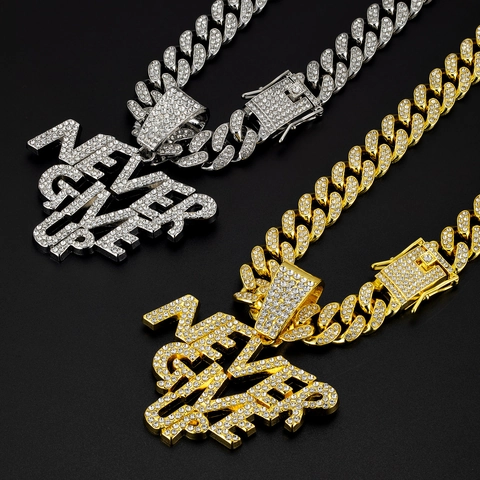 Never Give Up Letter Pendant Cuban Link Chain Necklace Iced Out Rhinestone Alloy Hip Hop Streetwear Jewelry