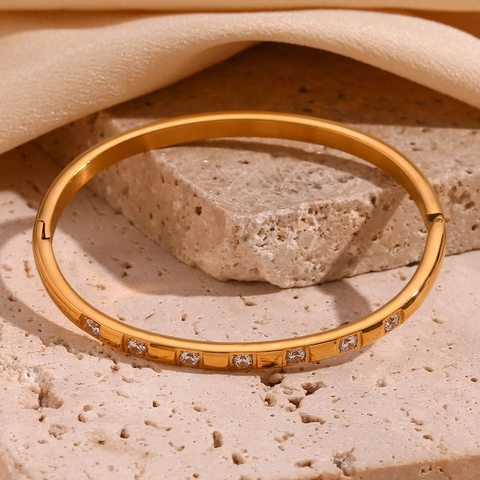 Bracelet Jonc Minimaliste en Acier Inoxydable 316L Plaqué Or 18K Avec Zircone Blanche Pour Femmes Bijoux de Mode