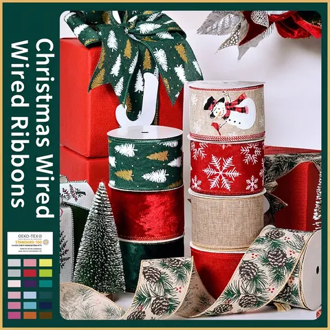 Christmas Wired Edge Ribbon Linen Velvet Plaid Snowman Snowflake For DIY Bows Gift Wrapping Tree Decoration Festive Holiday