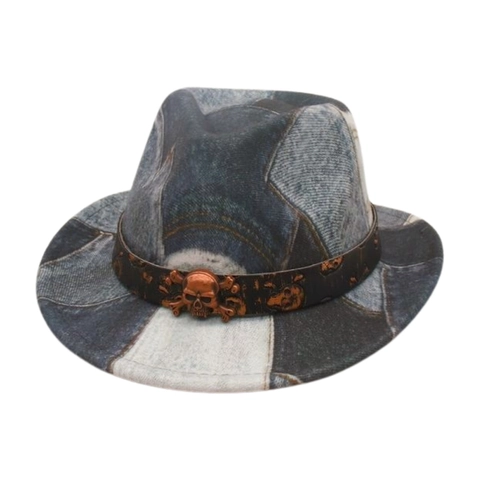 Chapeau Fedora En Jean Patchwork Vintage Avec Bande En Cuir Et Crâne En Métal Style Punk Rock Western