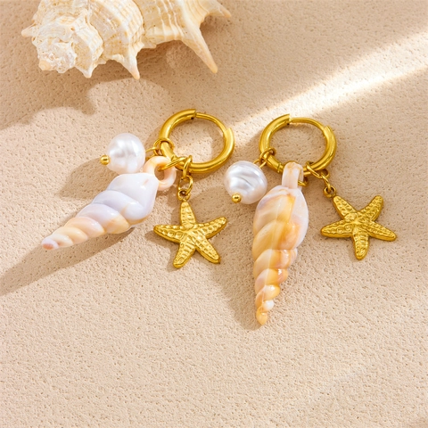 Orecchini A Cerchio In Acciaio Inossidabile Conchiglia Stella Marina Perla Artificial Stile Vacanza Mare Gioielli Per Donne