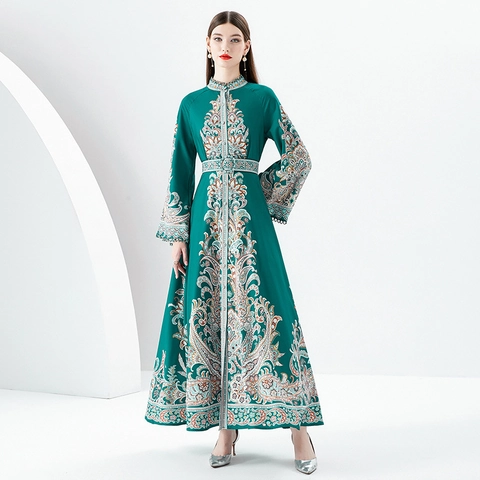 Vestito Maxi Vintage Stampa Paisley Donna Collo Alto Manica Campana Boho Etnico Linea A Abito Da Sera Lustro Satinato