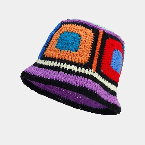 Handgefertigter Häkel Anglerhut Bunter Granny Square Patchwork Strick Vintage Boho Sonnenschutz Fischerhut Damen