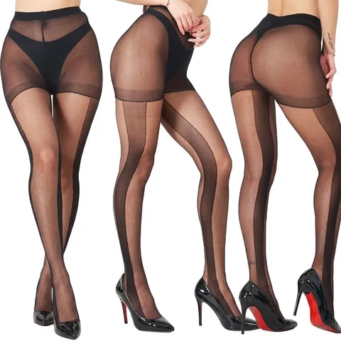 Women Sheer Pantyhose Vertical Shadow Stripes Back Seam Sexy Stretchy Tights Nylon Spandex Slimming Effect Slim Fit Color Black