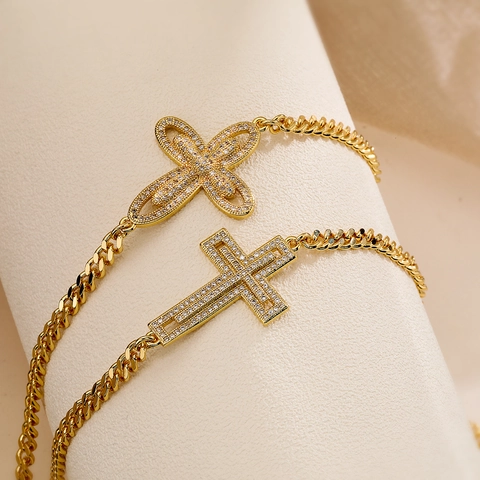 Bracciale a Catena Cubana a Croce in Rame Placcato Oro 18K Strass Gioielli Religiosi Regolabile Hip Hop Catena da Mano per Donna