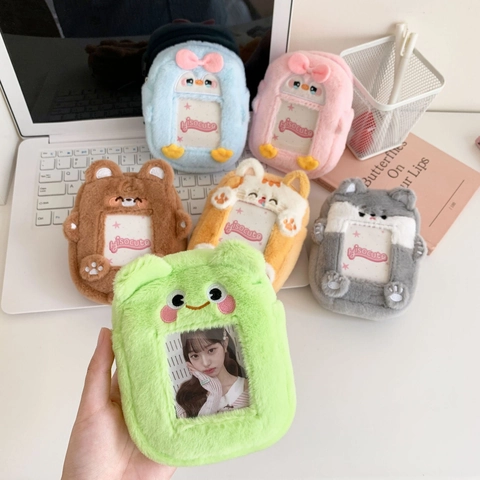 Cartoon Tier Plüsch Fotokartenhalter Etui Mit Schlüsselanhänger Tragbares Hohlfenster Katze Frosch Bär Für Mädchen Taschenanhänger
