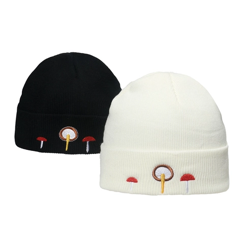 Beanie Hat Mushroom Embroidery Knitted Acrylic Warm Winter Fold Over Ribbed Cap For Casual Outdoor Fashion Wear