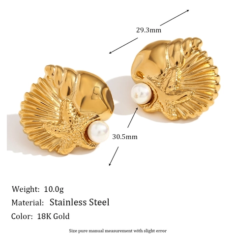 Ocean Theme Shell Starfish Stud Earrings For Women Stainless Steel With Faux Artificial Pearl 18K Gold Plated Fashion Jewelry