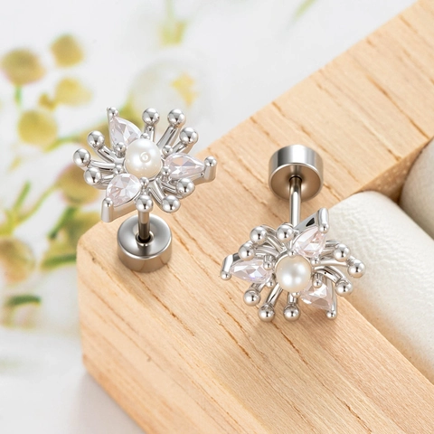 Orecchino Cartilagine Fiore Acciaio Titanio Zircone Scintillante Rombo Perla Artificial Sintetica Vite Retro Piatto Gioielli Piercing