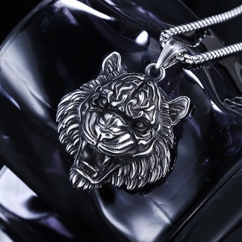 Tiger Head Pendant Necklace 316L Stainless Steel Vintage Viking Punk Gothic Jewelry For Men