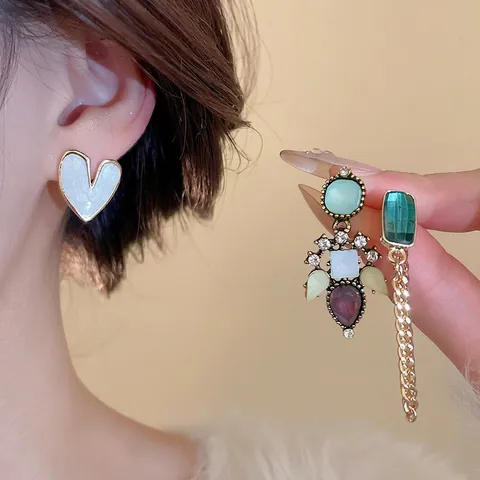 Orecchini Cuore Bohemien Zircone Colorato Resina Smeraldo Pietra Rettangolare Catena Nappa Con Perno Argento 925