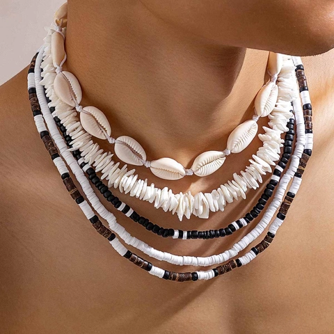 Collar Multicapa Bohemio Con Concha Cuentas De Madera Y Arcilla Polimérica Estilo De Vacaciones En La Playa Para Hombres