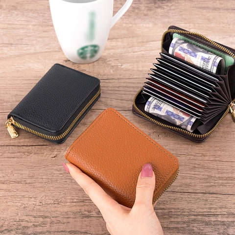 Card Holder PU Leather Litchi Pattern Accordion Style RFID Blocking Large Capacity Zipper Wallet Business Men Women
