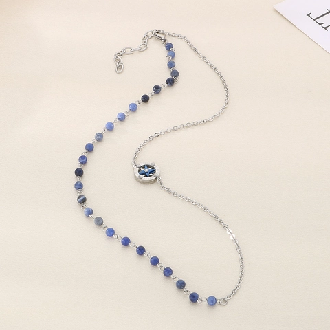 Collana Splicing Asimmetrica Acciaio Inossidabile 316L Con Perline Sodalite Blu Ciondolo Bussola Stella Per Donna