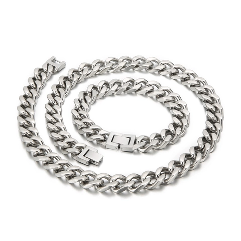 Men Stainless Steel Cuban Link Necklace And Bracelet Jewelry Hip Hop Rock Polished Finish Box Clasp Urban Fashion