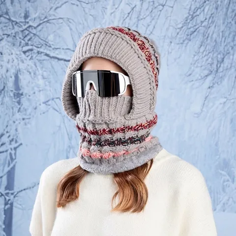 Passamontagna Invernale Integrato Per Donna Maglia Acrilico Foderato In Pile Termico Scaldacollo Maschera Facciale Con Pompon