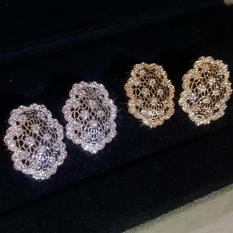 Retro Hollow Oval Stud Earrings Copper Zircon Lace Design With Silver Earring Post For Women French Vintage Style