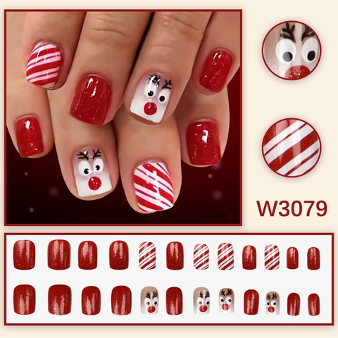 Christmas Press On Nails Reindeer Pattern Red Glitter Candy Cane Stripes Glossy Square Round Fake Nails For Women Girls