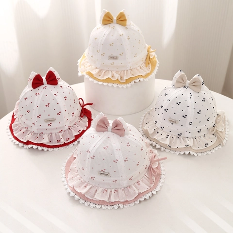 Baby Girl Sun Hat Fisherman Hat Cotton Blend Heart Print Lace Bow Ruffled Edge Summer Breathable Princess Cap