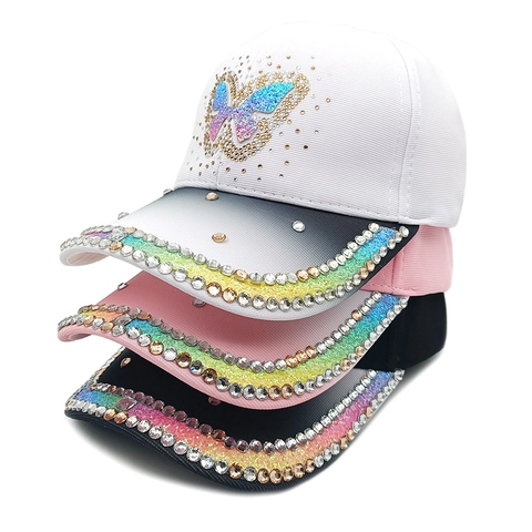 Women Rhinestone Butterfly Baseball Cap Polyester Gradient Glitter Brim Adjustable Outdoor Sun Hat Sparkly Fashionable