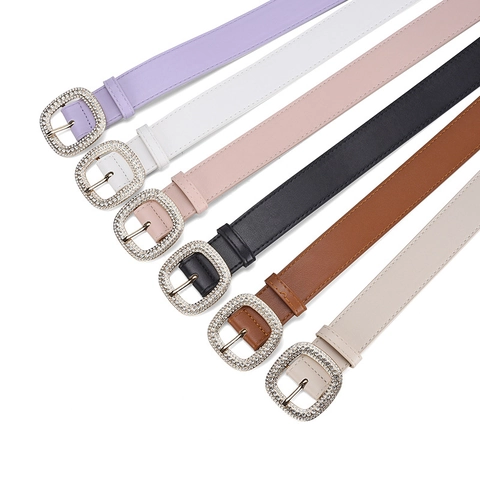 Cintura da Donna alla Moda con Fibbia Quadrata con Strass Intarsiati in Pelle PU Elegante Cinturino Versatile per Abito
