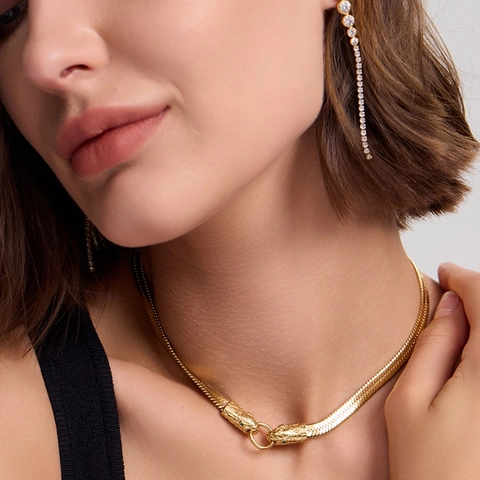 Schlangenkopf Halskette 316 Edelstahl Flache Schlangenkette Mit Grünen Strassaugen Punk Stil Schmuck Für Damen