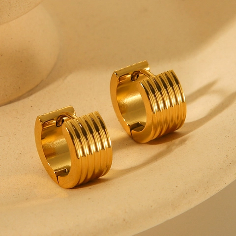 Pendientes De Aro Acanalados Bañados En Oro De 18K Acero Inoxidable Gruesos Rayas Verticales Joyería Moda Mujer
