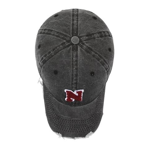 Vintage Washed Cotton Baseball Cap Distressed Worn Brim Letter N Patch Adjustable Retro Streetwear For Men Women