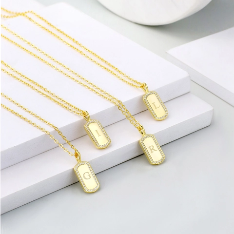 Collier Pendentif Rectangulaire Lettre Initiale Cuivre Plaqué Or Strass Pavé Chaîne Alphabet Anglais Bijoux Femme
