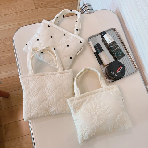 Mini Borsa A Mano Tessuto In Piumino Trapuntato Ricamo Conchiglia Pizzo Chiusura Lampo Piccola Borsa Tote Donna Stile Francese
