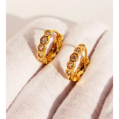 Orecchini A Cerchio Esagonali A Nido D'Ape In Ottone Placcato Oro Con Zircone Gioielli Minimalisti Da Donna