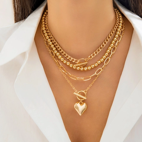 Lagenhalskette Legierung Herzanhänger Knebelverschluss Büroklammer Kubanische Perlenkette Mode Hip Hop Schmuck Für Frauen