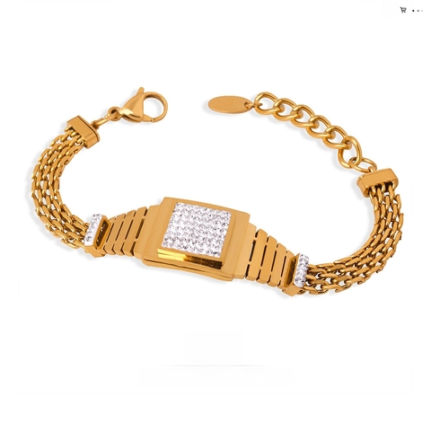 Pulsera De Acero Inoxidable Estilo Reloj Incrustación Circona Cuadrada Nácar Chapado En Oro Joyería Ajustable Mujeres