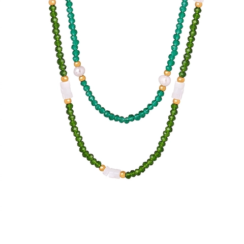 Green Natural Stone Beaded Necklace With Freshwater Pearl And White Jade Handmade Titanium Steel Vintage Jewelry For Women