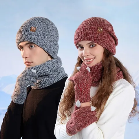 Winter Knitted Beanie Hat Neck Warmer And Touchscreen Gloves Fleece Lined Warm Outdoor Windproof For Men Women